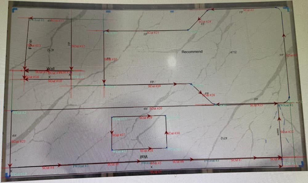 Digital cut layout on a white veined slab, with every saw cut numbered
